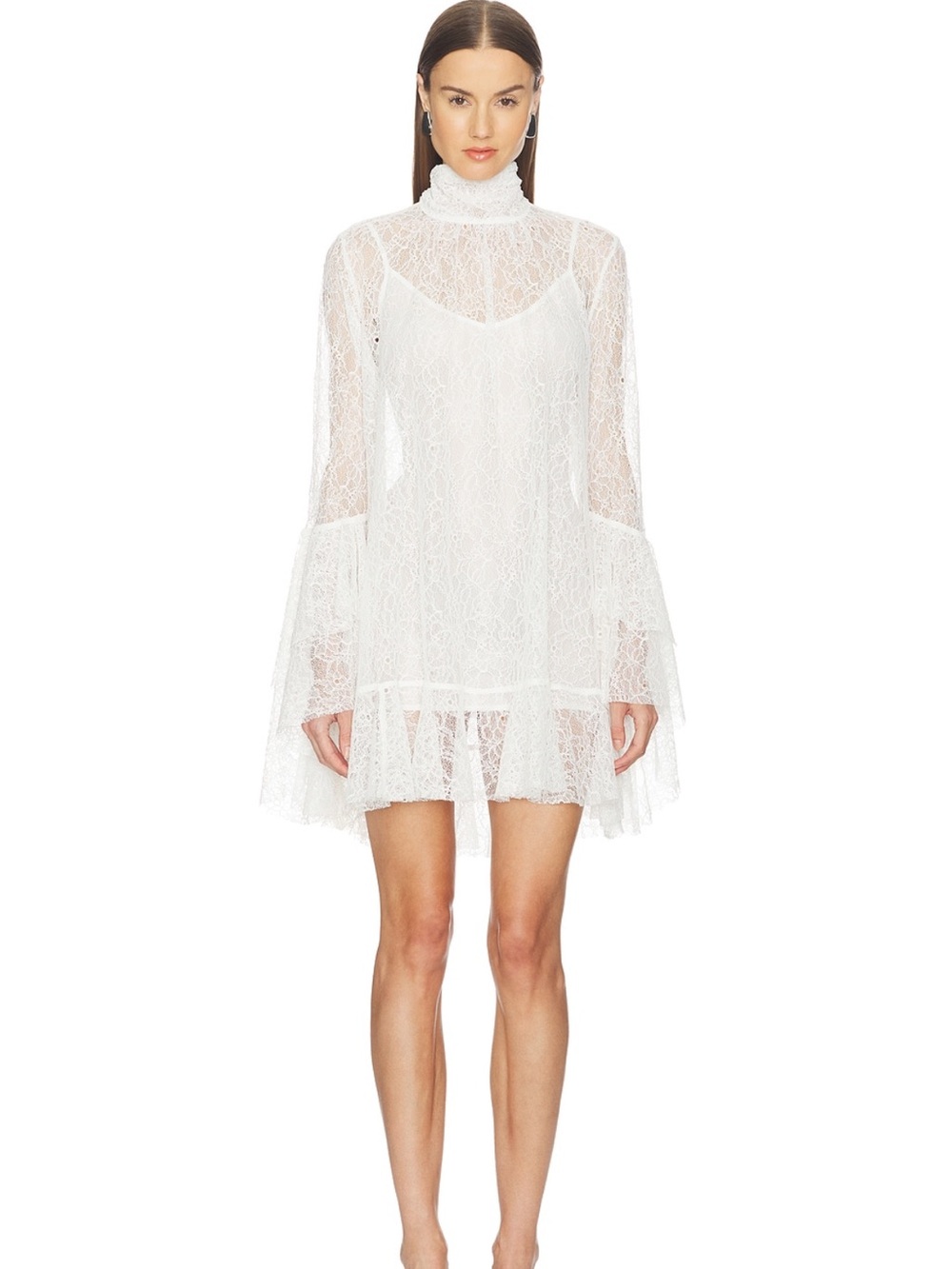 Camila Coelho White Lace High-Neck Bell-Sleeve Mini Dress